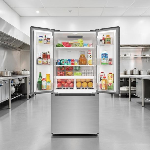 Brand New KoolMore KM-RERFDSS-18C stainless steel French door refrigerator, 18.5 Cu. Ft., modern design, energy efficient.