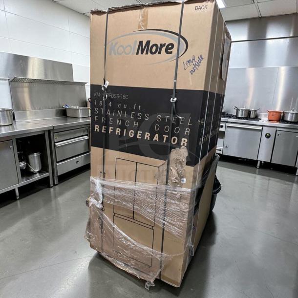 Brand new KoolMore KM-RERFDSS-18C stainless steel French door refrigerator, 18.5 cu. ft., in packaging. Energy-efficient.