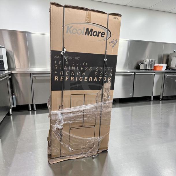 Brand new KoolMore KM-RERFDSS-18C stainless steel French door refrigerator, 18.5 cu. ft., in packaging, energy efficient.