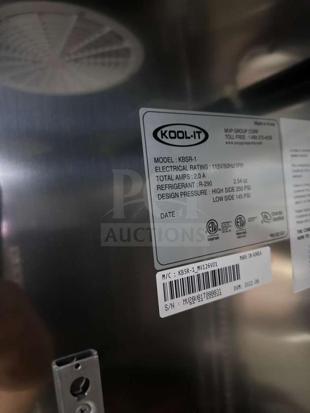 Kool-It KBSR-1 commercial refrigerator, stainless steel, 20.5 cu. ft., uses R290 refrigerant, ETL & NSF listed, model tag shown.