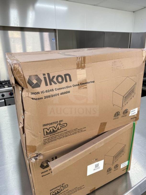 Alt text: New Ikon IC-824S convection oven in original packaging, 208/240V, 4600W, stainless steel, ETL & NSF listed.