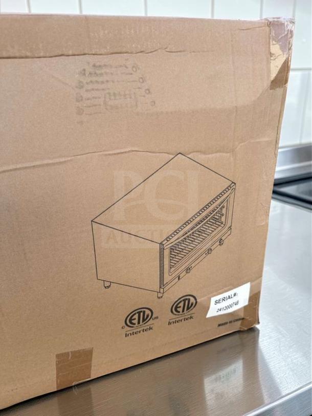 Brand new Ikon IC-824S convection oven box, featuring ETL and NSF logos, showcasing commercial quality. Model: IKO-L-CONV-0720.