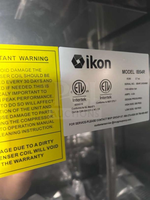 Brand new Ikon IB54R commercial refrigerator label, showing ETL and NSF certifications, model number, and contact info.