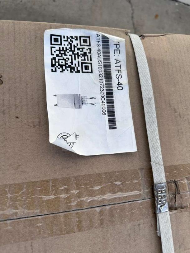 Brand new Atosa CookRite ATFS-40 40 lb gas floor fryer box. Label with model info and QR code visible.