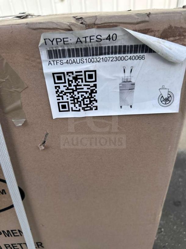 Box label for Atosa CookRite ATFS-40 commercial gas fryer. QR code and model type visible. New condition.