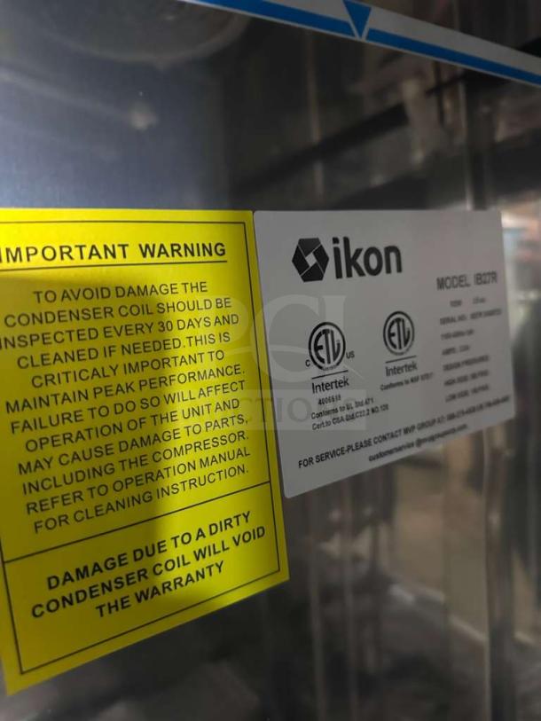 Ikon IB27R commercial refrigerator label showing ETL, NSF certifications, and maintenance warnings. Brand new condition.