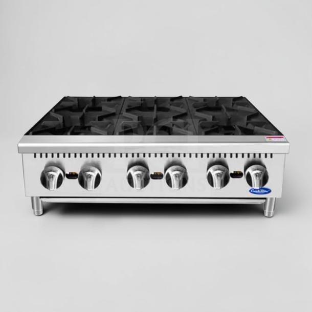 Brand New Atosa ACHP-6 6 Burner Commercial Gas Hot Plate, stainless steel, heavy-duty, ideal for restaurants.