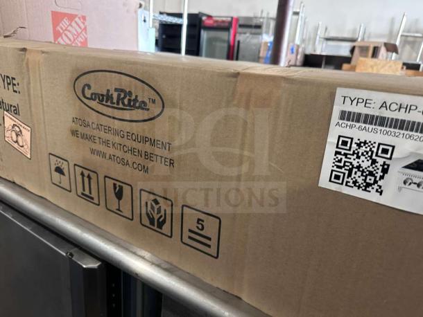 Cardboard box for Atosa ACHP-6, a six-burner commercial gas hot plate. Features CookRite branding and QR code.