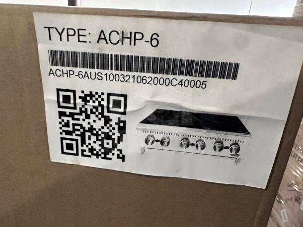 Brand new Atosa USA ACHP-6 six-burner gas hot plate, heavy-duty commercial range, in original packaging with label.