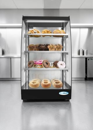 Brand new KoolMore DC-3CB countertop bakery display case with LED lighting. Features three shelves and KoolMore logo.