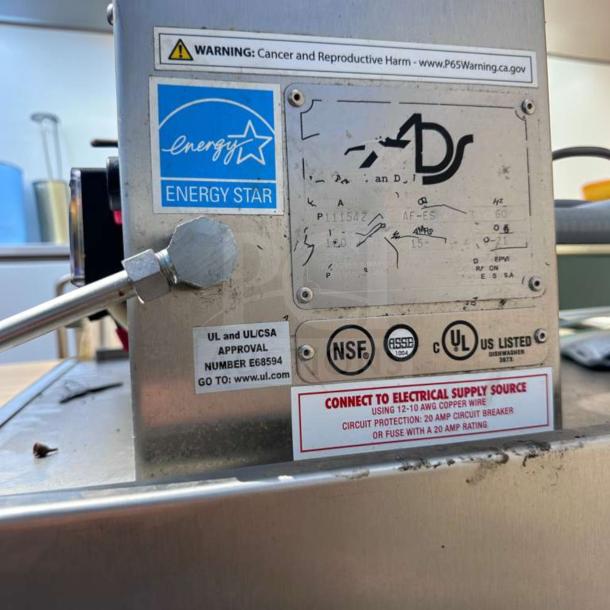 ADS AF-ES Energy Star commercial pass-thru dishwasher, 2-door, single rack, pristine condition. Labels: NSF, UL listed, energy efficient.