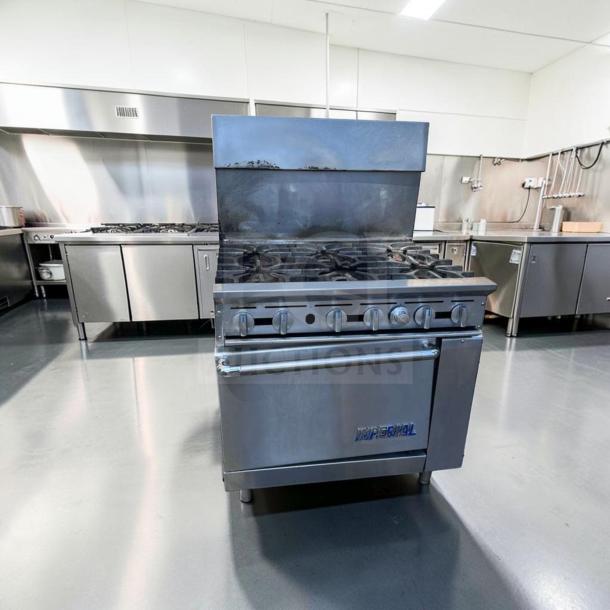 Imperial IR-6 36" gas range with 6 burners and oven, natural gas, heavy-duty, fully tested, exceptional condition.