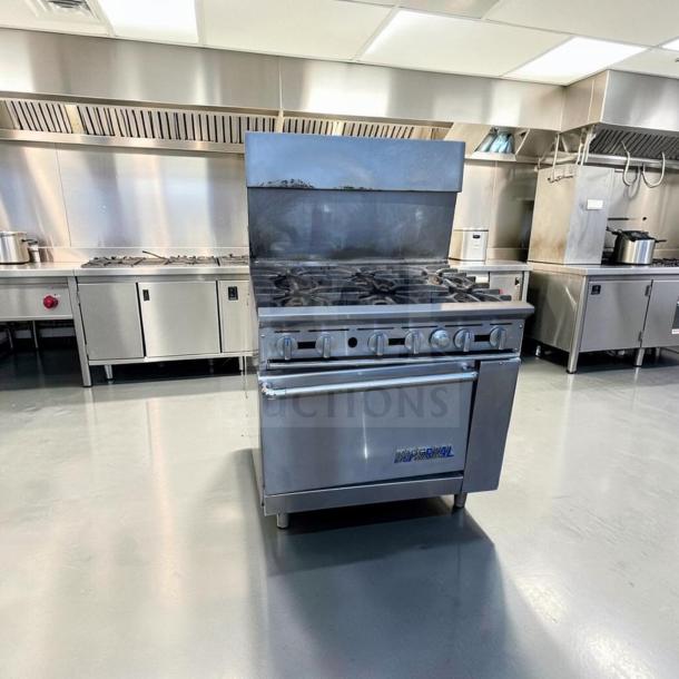 Exceptional condition Imperial IR-6 36" commercial gas range, 6 burners, oven, natural gas, heavy duty, fully tested, model IMP-L-RANGE-0874.