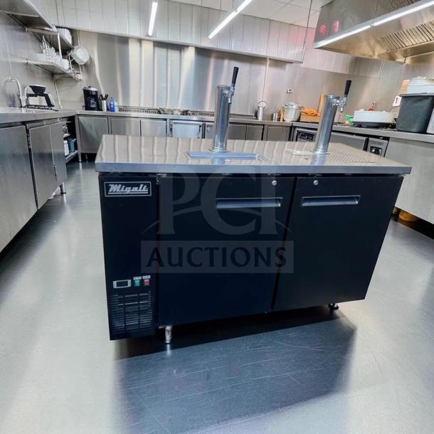 Migali C-DD60-2-HC 60" commercial kegerator with dual taps, black finish, 2-keg capacity, fully tested and operational, 115V.