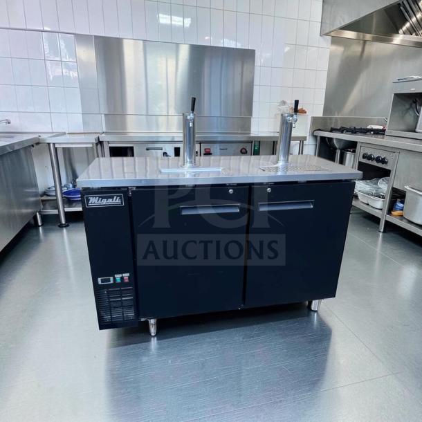 Migali C-DD60-2-HC 60" commercial kegerator, dual tap, 2 keg capacity, 115V, excellent condition, Migali label visible.