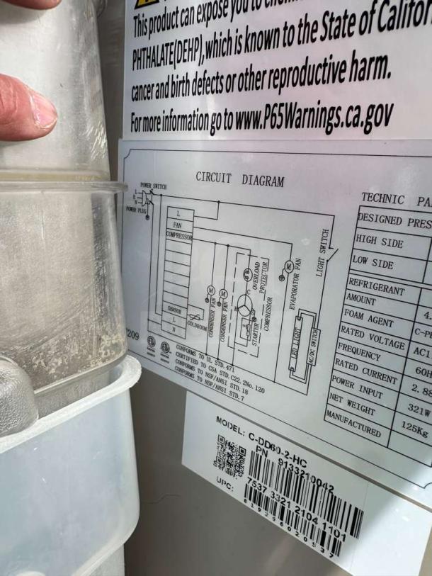 Migali C-DD60-2-HC kegerator label showing circuit diagram and specifications. Features dual tap, two keg capacity.