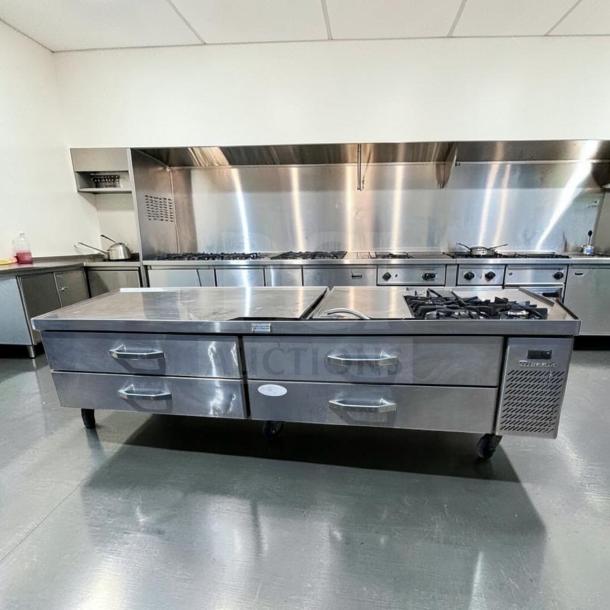 Blue Air BACB96M-HC 96" commercial refrigerated chef base, 4 drawers, 21 cu. ft., stainless steel, fully operational.