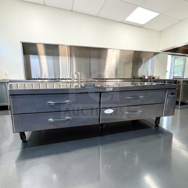 Blue Air BACB96M-HC 96" refrigerated chef base, 4 drawers, 21 Cu. Ft., excellent condition, fully tested, stainless steel design.