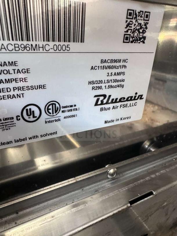 Blue Air BACB96M-HC commercial chef base label, showing model number, voltage, and specifications. Made in Korea.