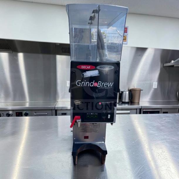 Grindmaster Grind’n Brew GNB-20H, dual hopper, airpot brewer, premium condition, 120V, labels for Decaf and Regular.