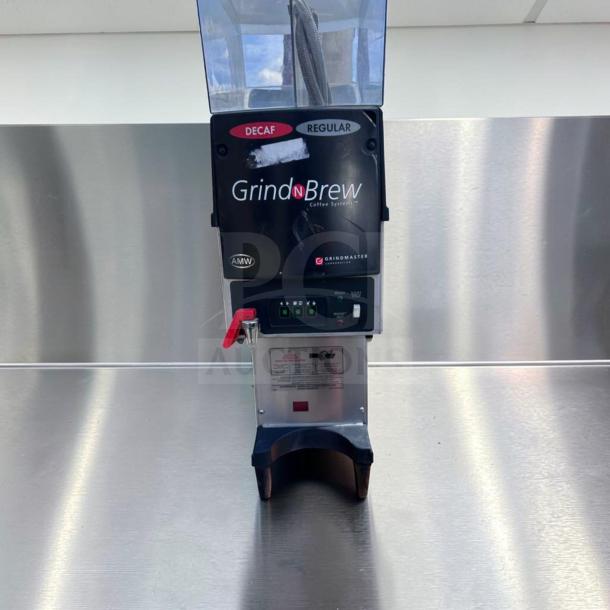 Grindmaster Grind’n Brew GNB-20H coffee system, dual hopper, airpot brewer, labeled "Decaf" and "Regular," fully tested, 120V.
