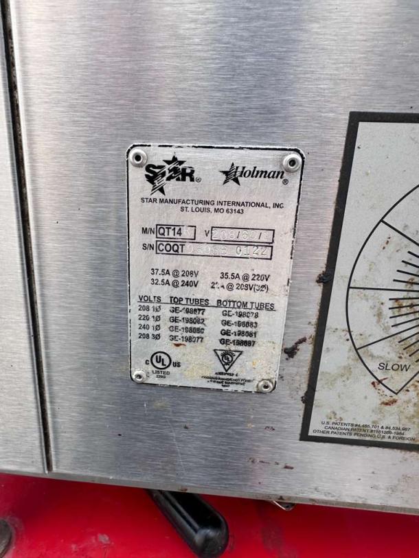 Star Holman QT14 Sandwich Toaster Oven in excellent condition. Features model and serial numbers, voltage details, and UL listing.