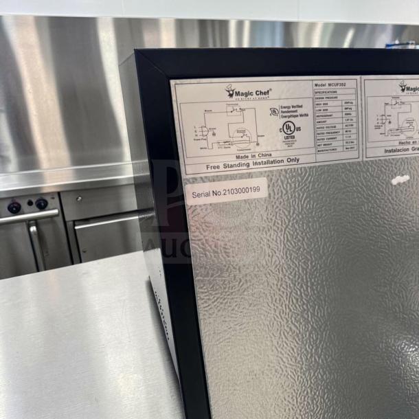 Magic Chef MCUF3S2 3 Cu. Ft. Compact Upright Freezer in stainless steel. Excellent condition, energy verified, serial no. 2103000199.