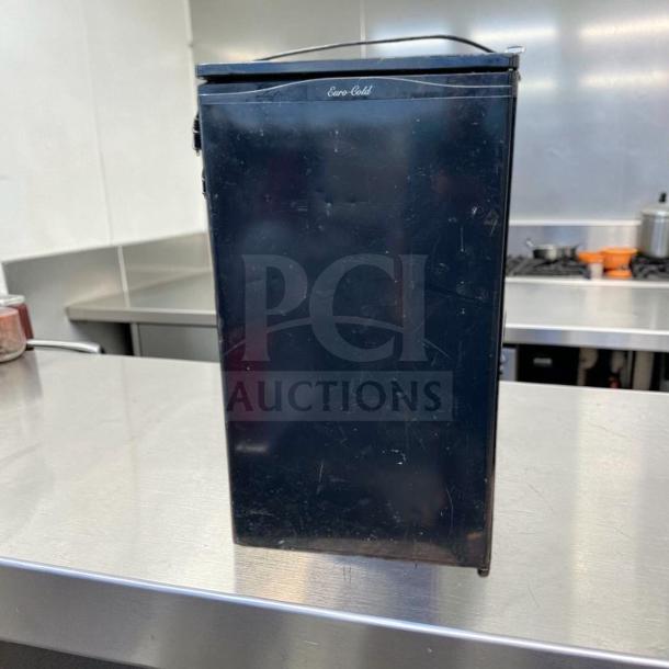 Euro-Gold W-995 compact undercounter refrigerator, black, good condition, space-saving design, 115V, fully operational.