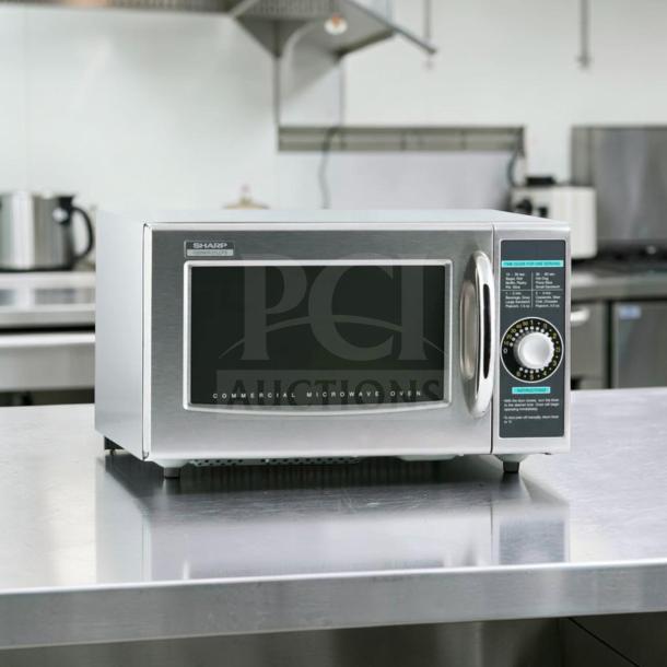 Sharp R-21LCFS commercial microwave, 1000W, stainless steel, dial control, top-tier condition, fully tested, 120V.