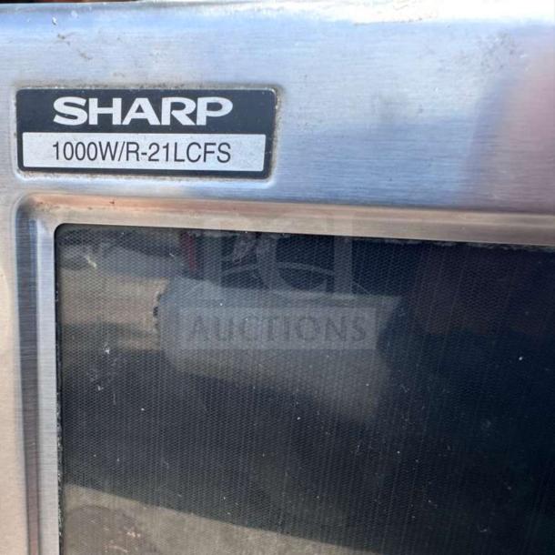 Sharp R-21LCFS commercial microwave, 1000W, stainless steel, top-tier condition, fully tested, dial control, 120V.