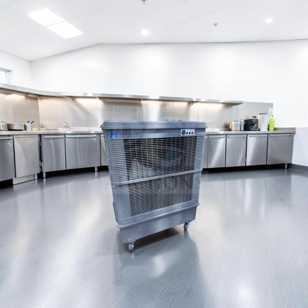 Hessaire MC92V mobile evaporative cooler, 11,000 CFM, in superior condition, fully tested and operational, on wheels.