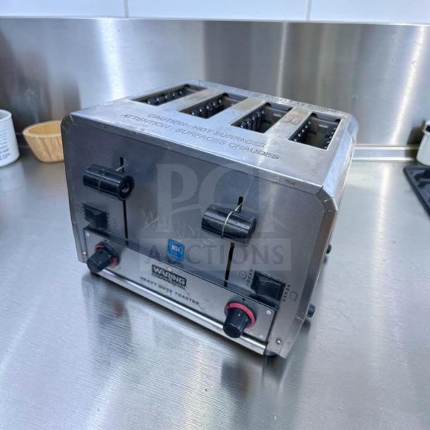 Waring WCT850 4-Slice Commercial Toaster in elite condition, dual control, 208V, stainless steel, fully tested, model WAR-S-TOAST-0889.