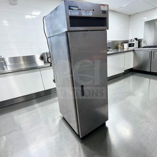 Prime condition Delfield 6025XL-S single section reach-in refrigerator, stainless steel, 25.5", commercial, 115V, tested.
