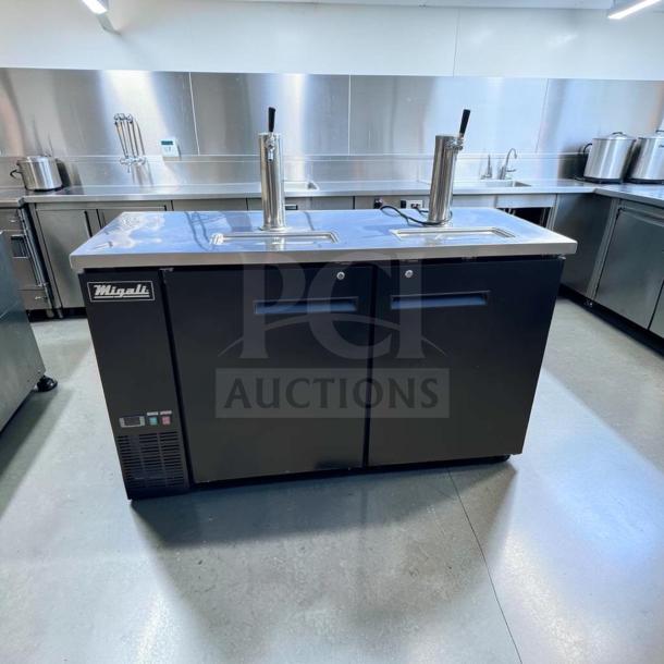 Migali C-DD60-2-HC 60" kegerator, black, two stainless steel taps, commercial use, logo on front, excellent condition.