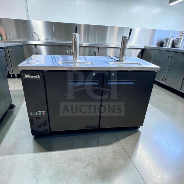 Migali C-DD60-2-HC two-door kegerator, 60" direct draw beer dispenser, commercial draft cooler, excellent condition.