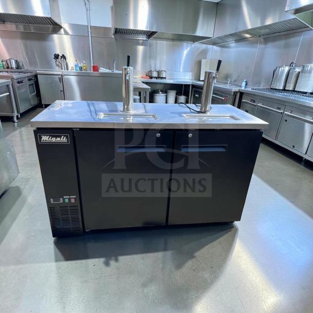 Migali C-DD60-2-HC beer dispenser, 60" two-door kegerator, stainless steel, excellent condition, commercial use, fully tested.