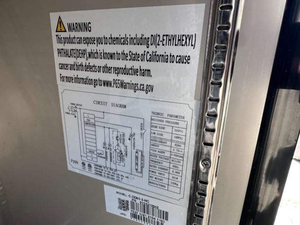 Migali C-DD60-2-HC 60" kegerator label with warning and circuit diagram, indicating Model C-DD60-2-HC and technical details.