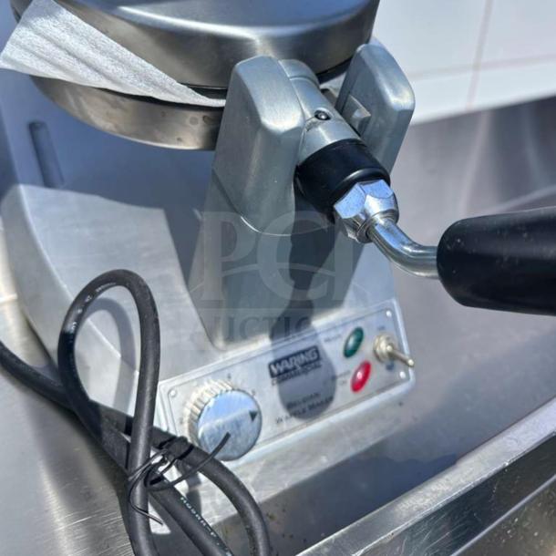 Waring WW180X Belgian waffle maker, heavy-duty, single grid. Features control panel with power and ready lights. Fully tested.