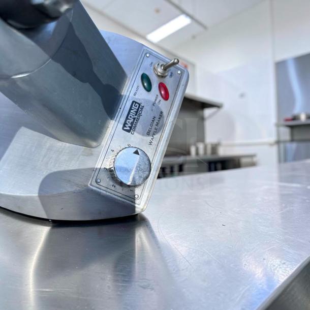Waring WW180X Belgian Waffle Maker in excellent condition, control panel with temperature dial and indicator lights visible.