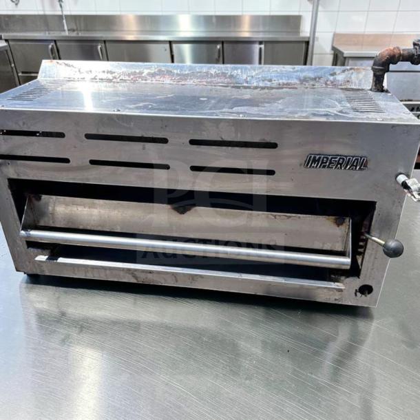Imperial IRSB-36NG Salamander Broiler, 36" infrared natural gas, heavy-duty, elite condition, fully tested, with Imperial logo.
