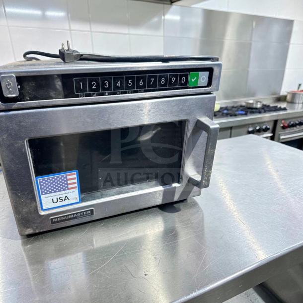 Amana MDC182 Menumaster Commercial Microwave Oven, 1800W, exceptional condition, keypad controls, USA-made label, stainless steel.