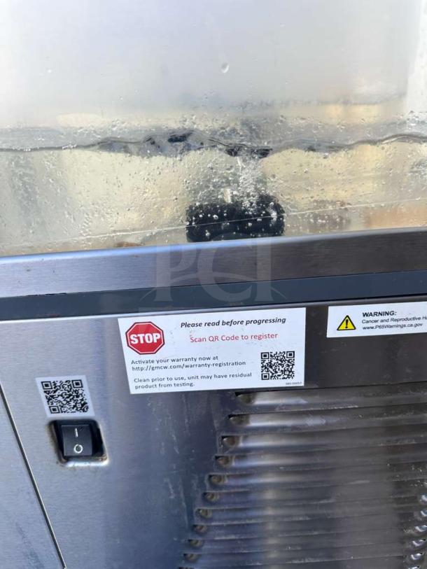 Crathco CS-4E-16-290 refrigerated drink dispenser, 4-bowl system, stainless steel, USA-made, operational, QR code for warranty.