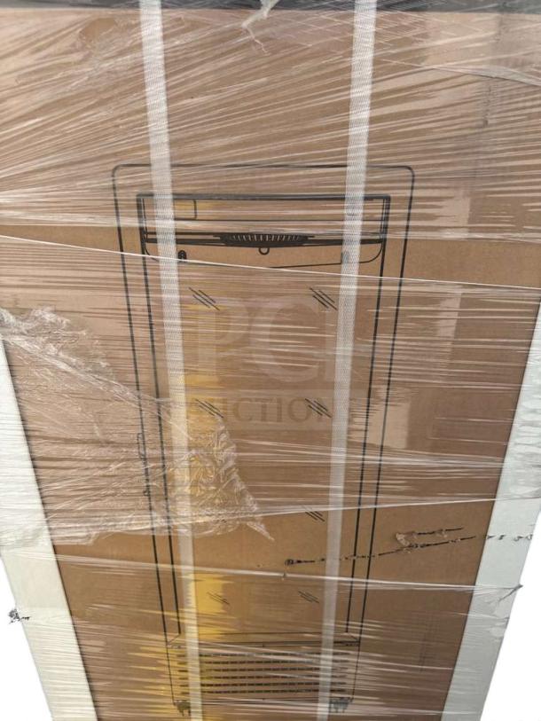 Brand new KoolMore Commercial Glass Door Fridge, model MDR1GD12C, wrapped in protective film, minor scratches.