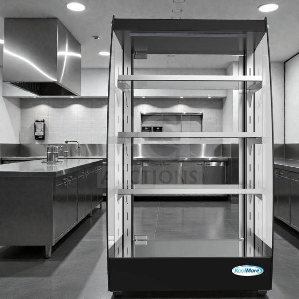 Brand new KoolMore DC-3CB pastry display case in original box. Features LED lighting, rear door, 2.7 cu. ft. capacity.