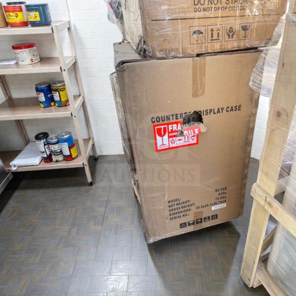 Brand new KoolMore DC-3CB pastry display case in original box, 2.7 cu. ft., LED lighting, rear door, pristine condition.