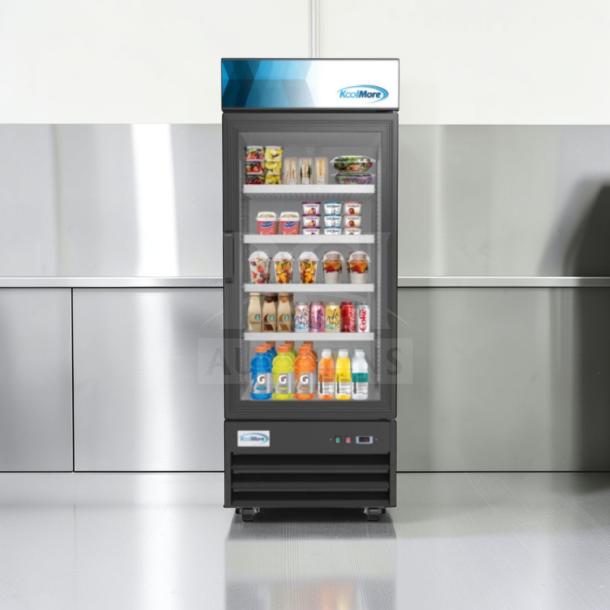 Brand-new KoolMore one-door glass merchandiser refrigerator, model MDR-1GD-23C, scratch & dent condition.