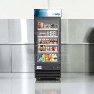 Brand-new KoolMore one-door glass merchandiser refrigerator, model MDR-1GD-23C, scratch & dent condition.