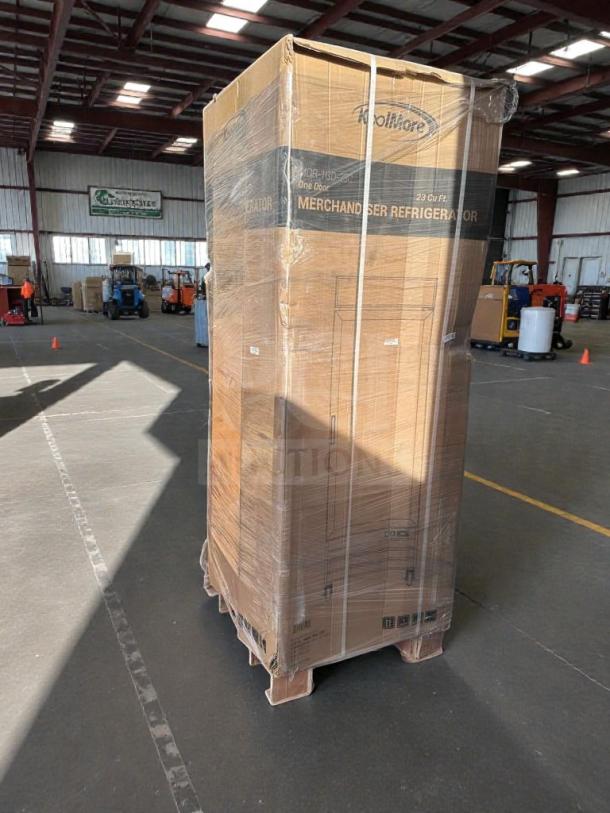 KoolMore one-door glass merchandiser refrigerator, model MDR-1GD-23C, new condition, in original packaging, scratch and dent.