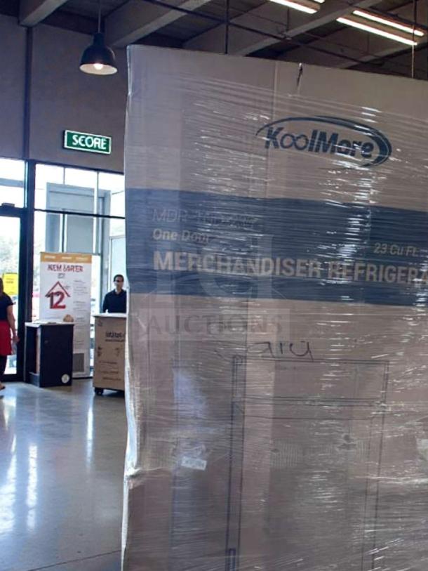 Brand-new KoolMore one-door glass merchandiser refrigerator, model MDR-1GD-23C, in original packaging, scratch & dent condition.
