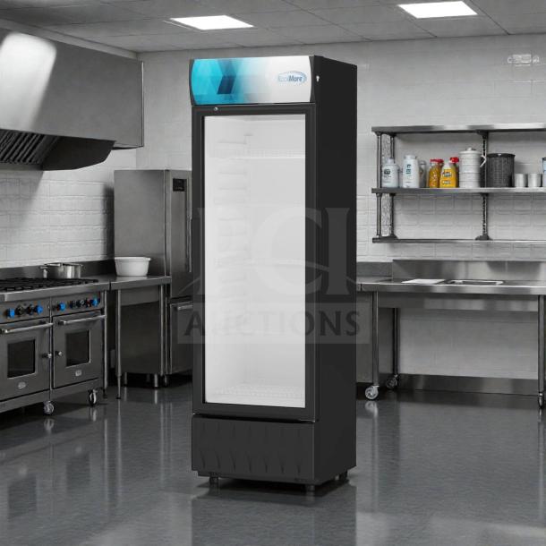 Brand new KoolMore MDR-9CP commercial refrigerator, 9 cu. ft., one-door merchandiser, ETL listed, in original packaging.